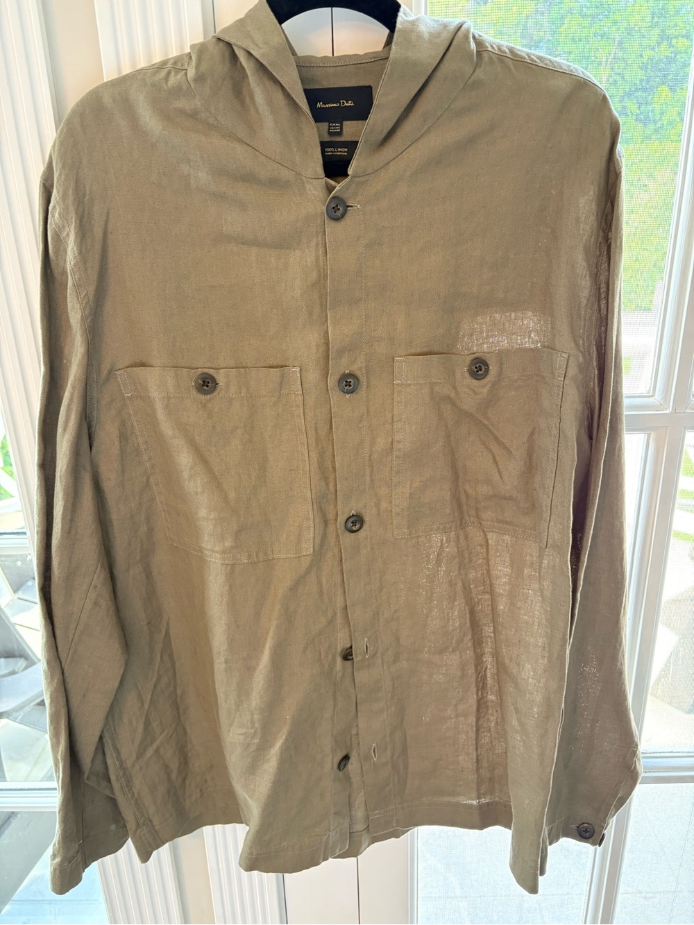 Massimo Dutti Olive-Green Hooded Linen Shirt Jacket
